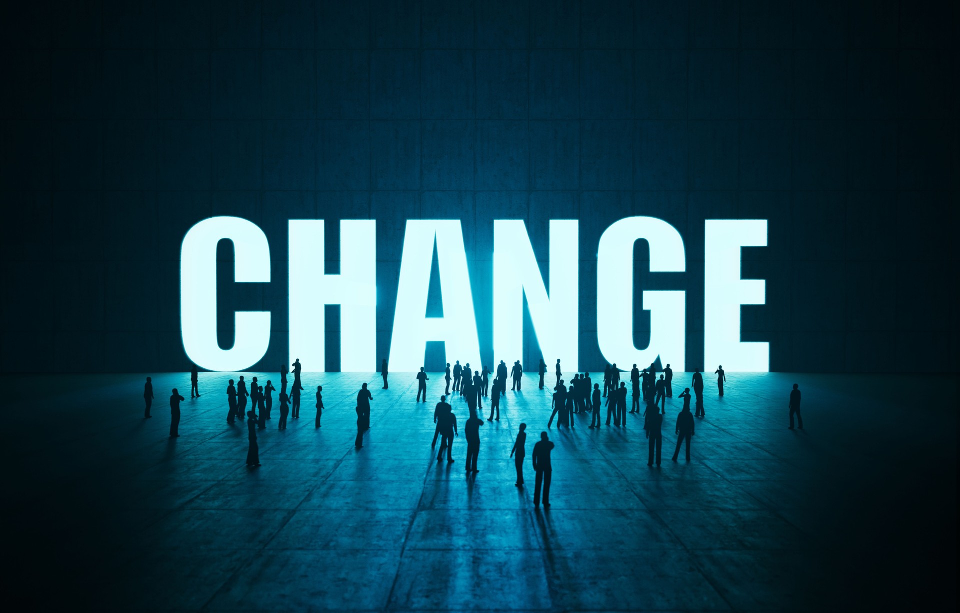 Human Crowd Waiting Before Change Word On Concrete Wall